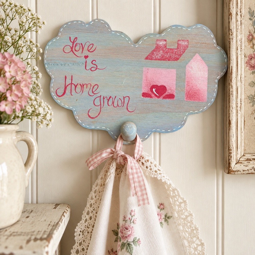 Love is Home Grown Wooden Wall Plaque Single Peg Hook Blue Pink Cottagecore
